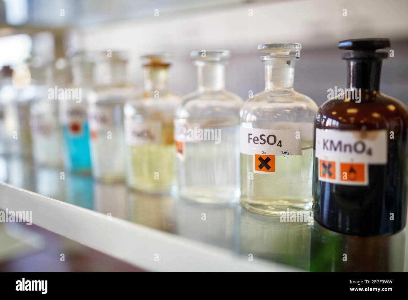 Flaschen mit Chemikalien auf dem Regal in einer sterilen Umgebung des Labors. Chemie, Labor, Chemikalien Stockfoto