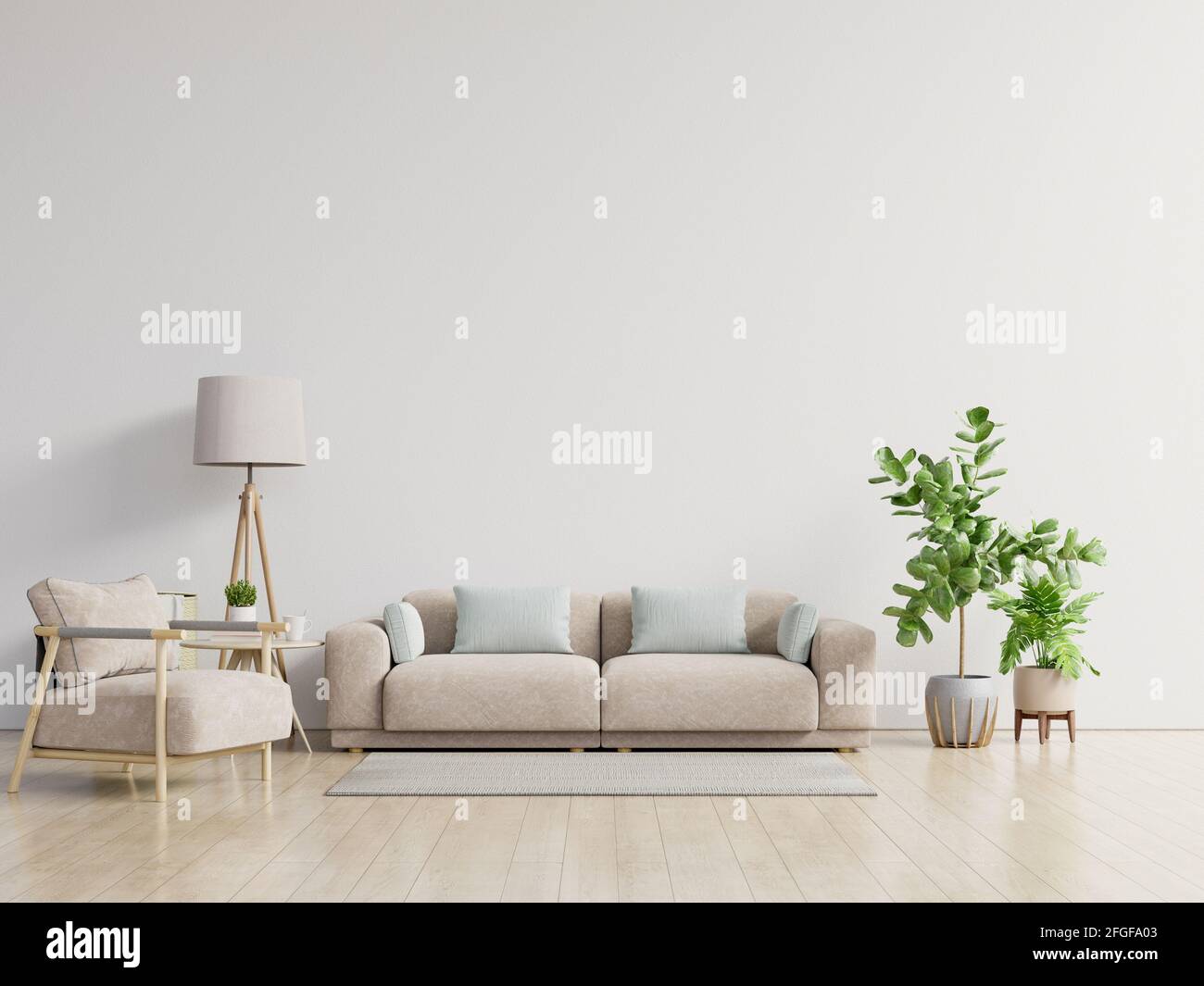 Helle und gemütliche moderne Wohnzimmer Innenausstattung haben Sofa und  Lampe mit weißem Wandhintergrund.3D-Rendering Stockfotografie - Alamy