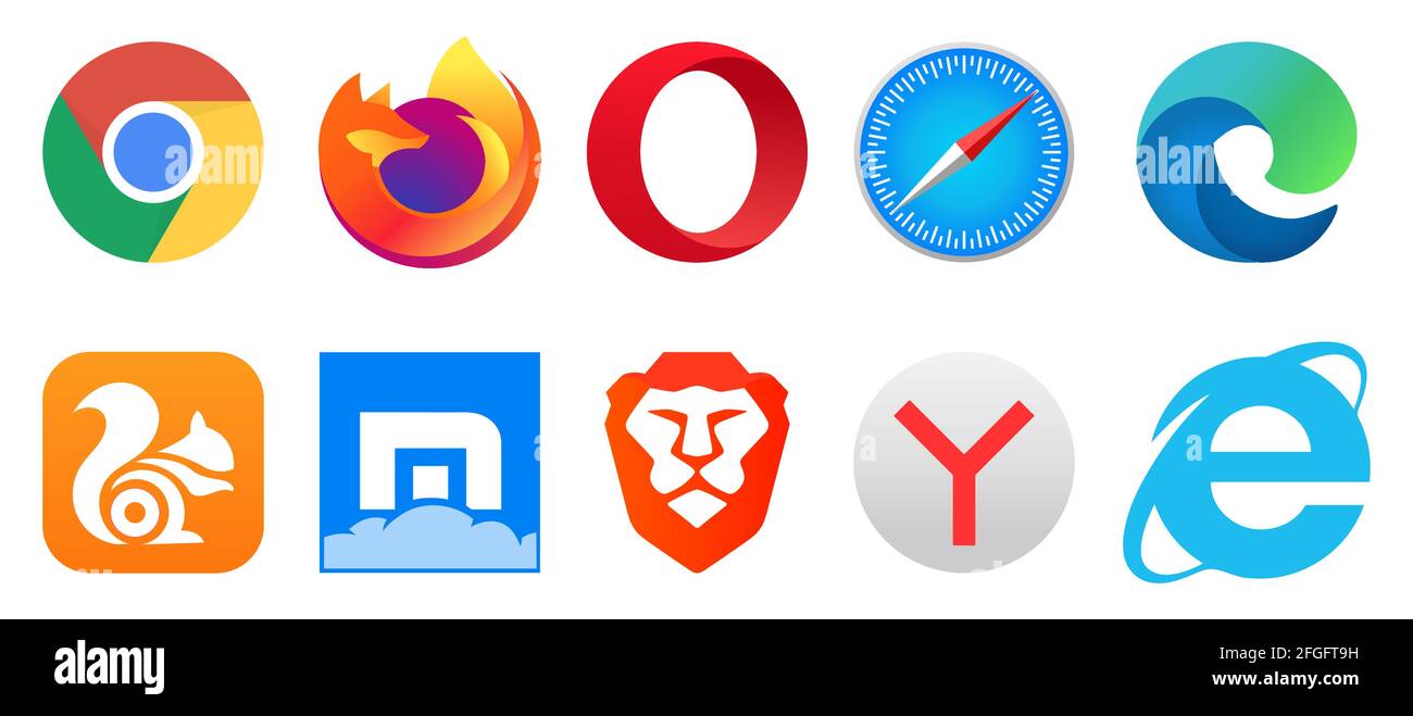 Vinnytsia, Ukraine - 21. April 2021: Satz von beliebten Logo-Internet-Browsern. Google Chrome, Mozilla Firefox, Opera, Safari, Microsoft Edge, UC-Browser, Stock Vektor