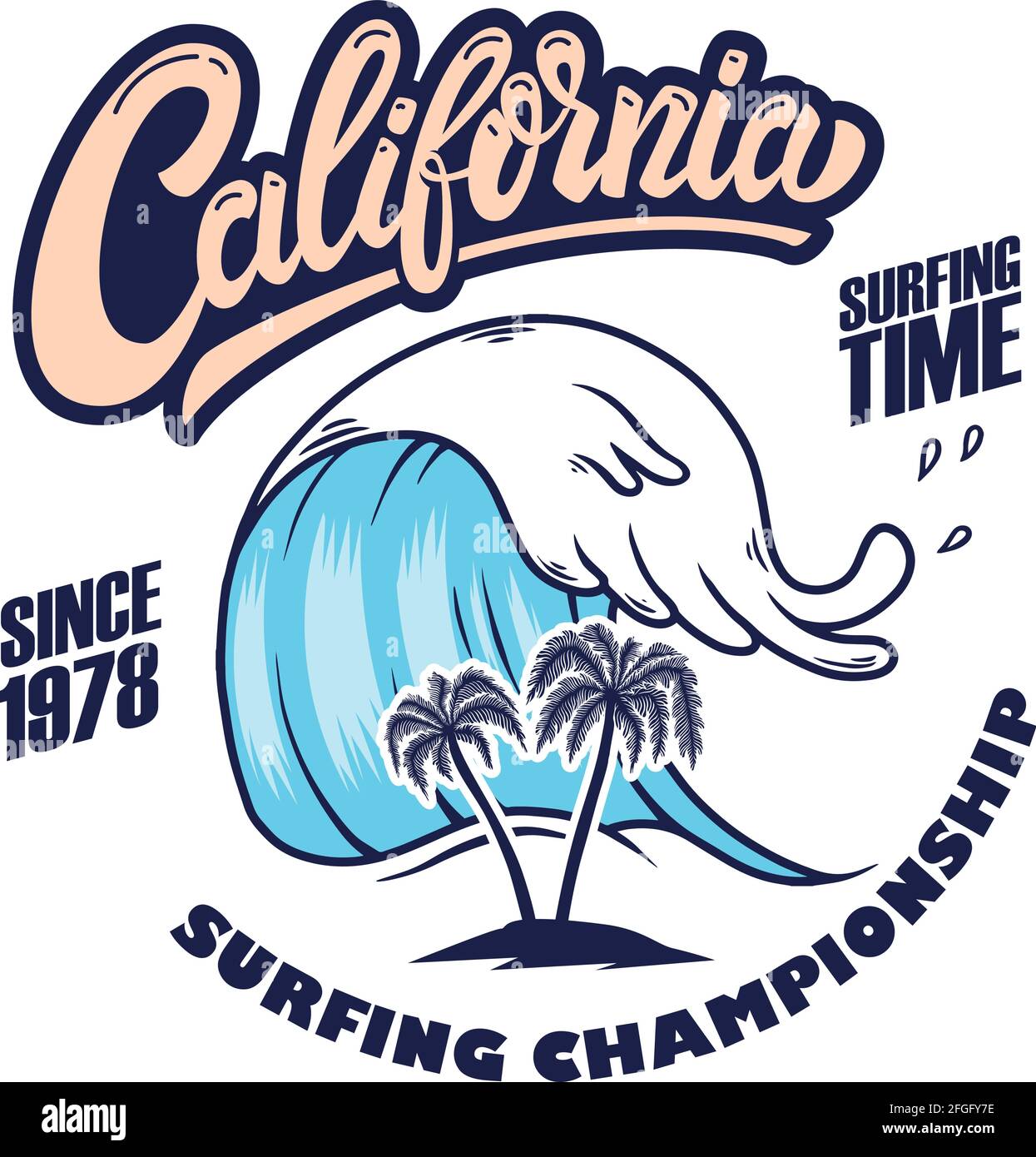 California Surfing Championship. Emblem-Vorlage mit Wellen und Handflächen. Gestaltungselement für Plakat, Karte, Banner, Zeichen, Emblem. Vektorgrafik Stock Vektor