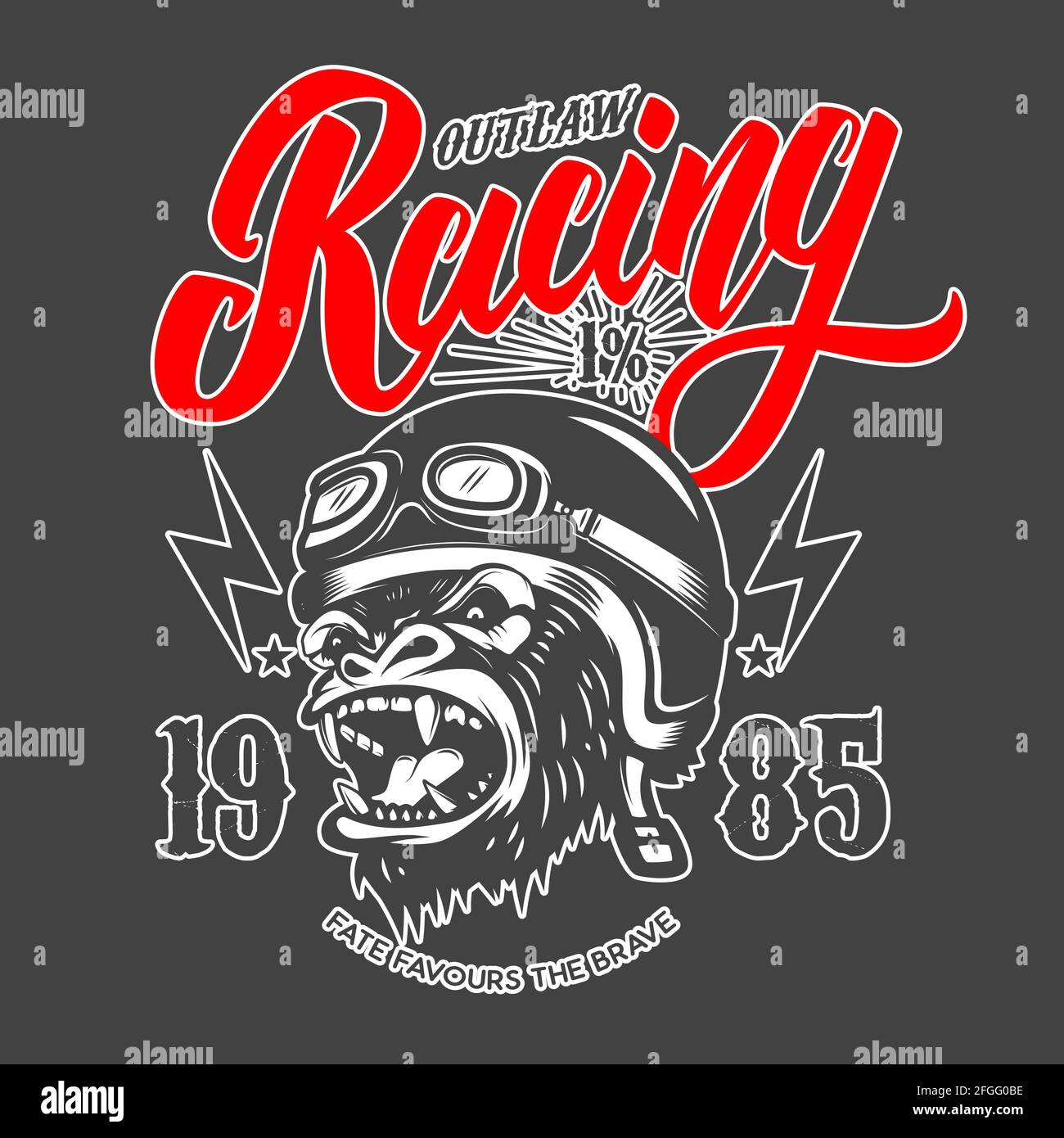 Outlaw Racing. Emblem Vorlage mit Cartoon Racer Gorilla. Gestaltungselement für Logo, Etikett, Schild, Emblem, Plakat. Vektorgrafik Stock Vektor