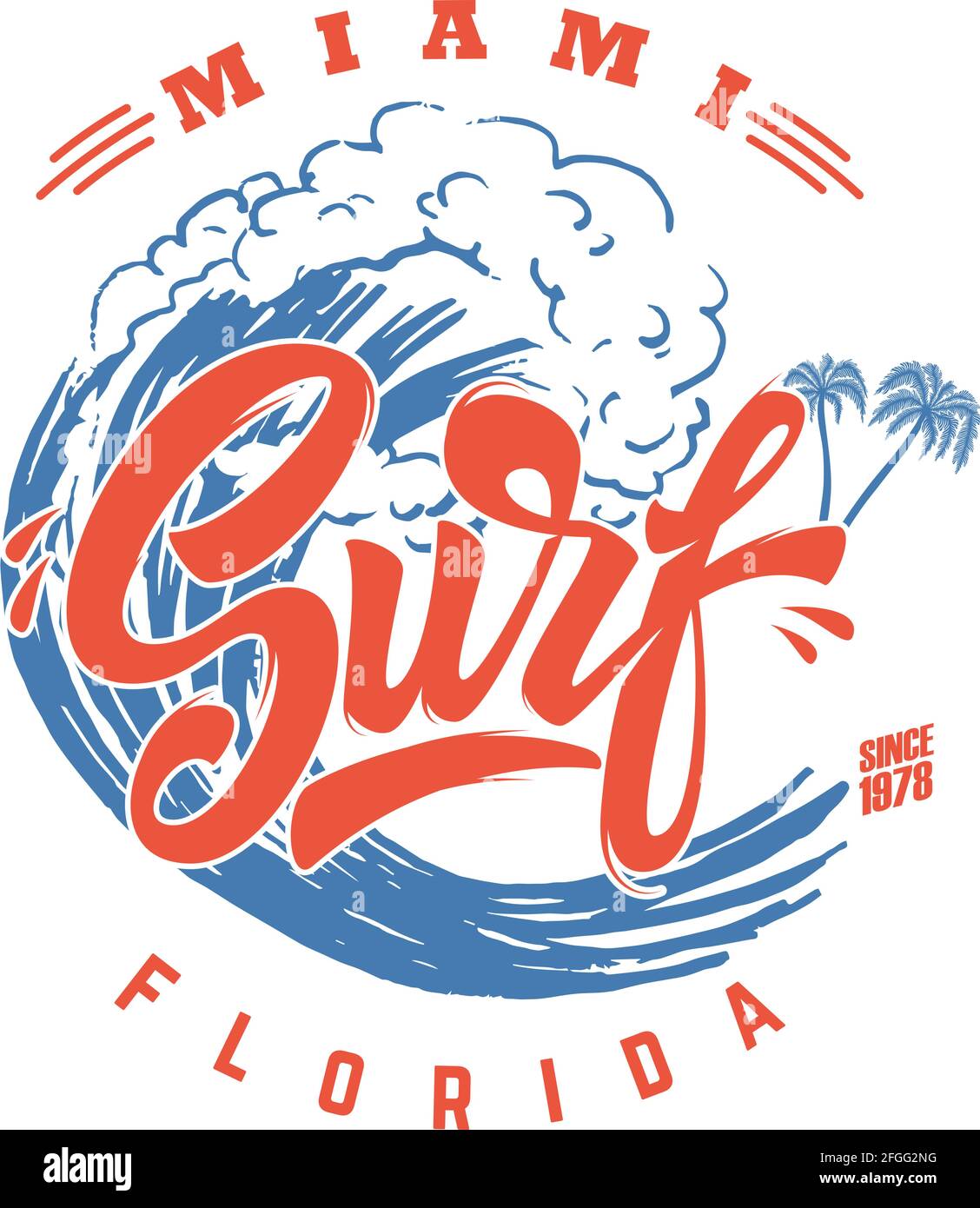 Surfen in Miami. Emblem-Vorlage mit Wellen und Handflächen. Gestaltungselement für Plakat, Karte, Banner, Zeichen, Emblem. Vektorgrafik Stock Vektor