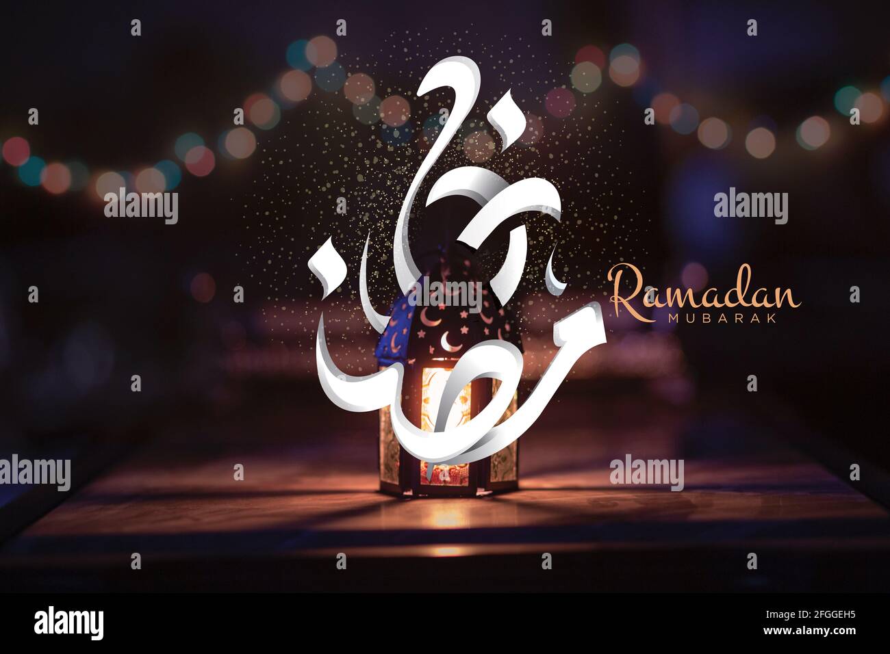 Ramadan Kareem Grüße mit arabischer Kalligraphie, was Ramadan bedeutet Die Laterne Stockfoto