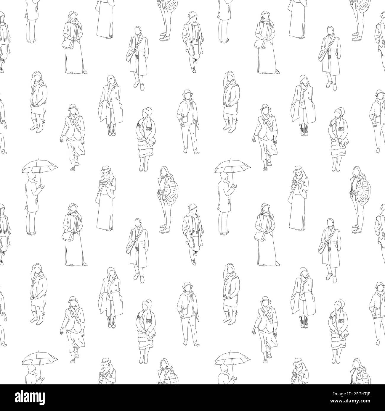 Schwarz-Weiß-Schwarzweiß-Nahtloses Muster mit vielen Personen, die in warmer Kleidung zu Fuß oder stehend sind. Strichkunst Stock Vektor