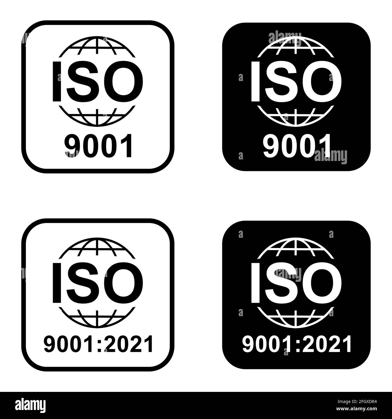 Satz mit ISO 9001-Symbol. Symbol für Standardqualität. Vektor-Button-Zeichen auf weißem Hintergrund isoliert. Stock Vektor