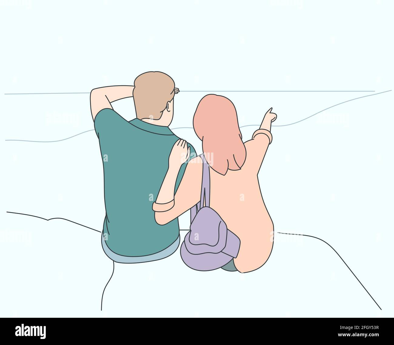 Reisen, Urlaub, Tourismus-Konzept. Junge glückliche Paar Zeichentrickfiguren Touristen Wanderer Wandern auf der Natur zusammen Stock Vektor