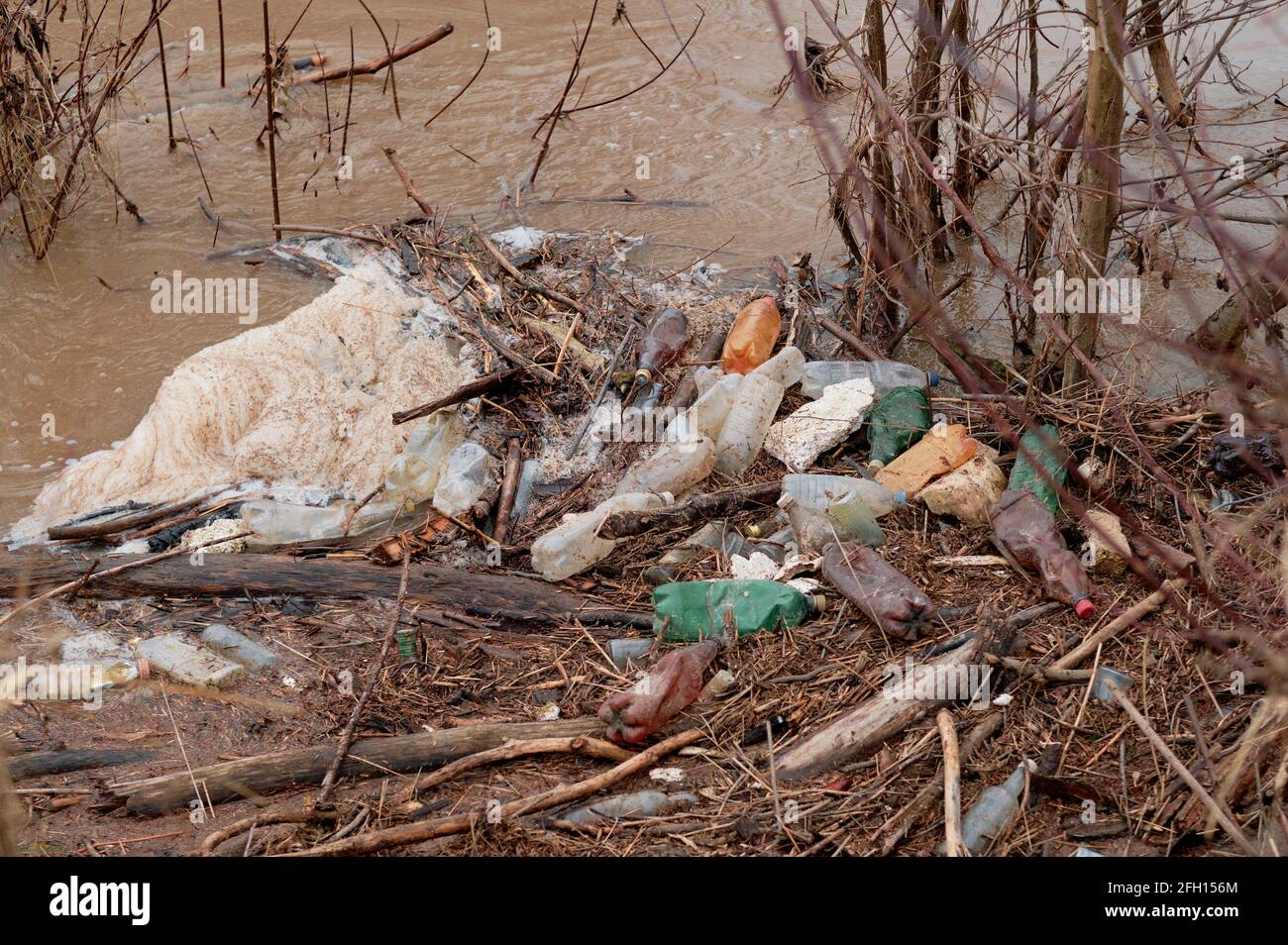 Fluss mit Plastikflaschen, die von Menschen hinterlassen wurden. Umweltkatastrophe der Wasserressourcen. Plastikflaschen und Müll im Flusswasser. Umweltverschmutzung Stockfoto
