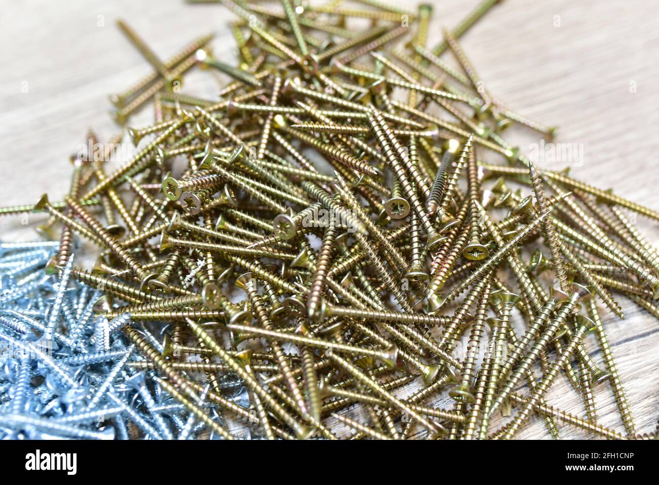 Selbstschneidende Schraube für die Arbeit mit Holzprodukten und Oberflächen. Hardware, Verbindungselemente und Materialien für Bau und Reparatur. Edelstahlschrauben Stockfoto