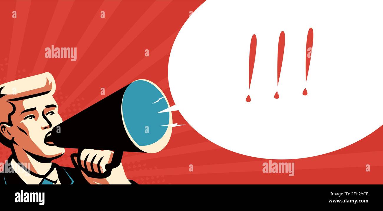 Geschäftsmann Promoter hält Megaphon Lautsprecher. Geschäftsförderungskonzept. Vektorgrafik Stock Vektor