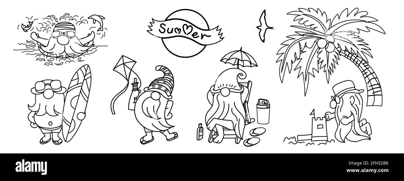 Sommer-Gnome, Zeichnung von Gnomen mit vielen Aktivitäten für den Sommer, Schwimmen, Surfen, Drachenfliegen, bauen einen Sandhaufen, und Entspannung auf einem Strandstuhl mit Stock Vektor