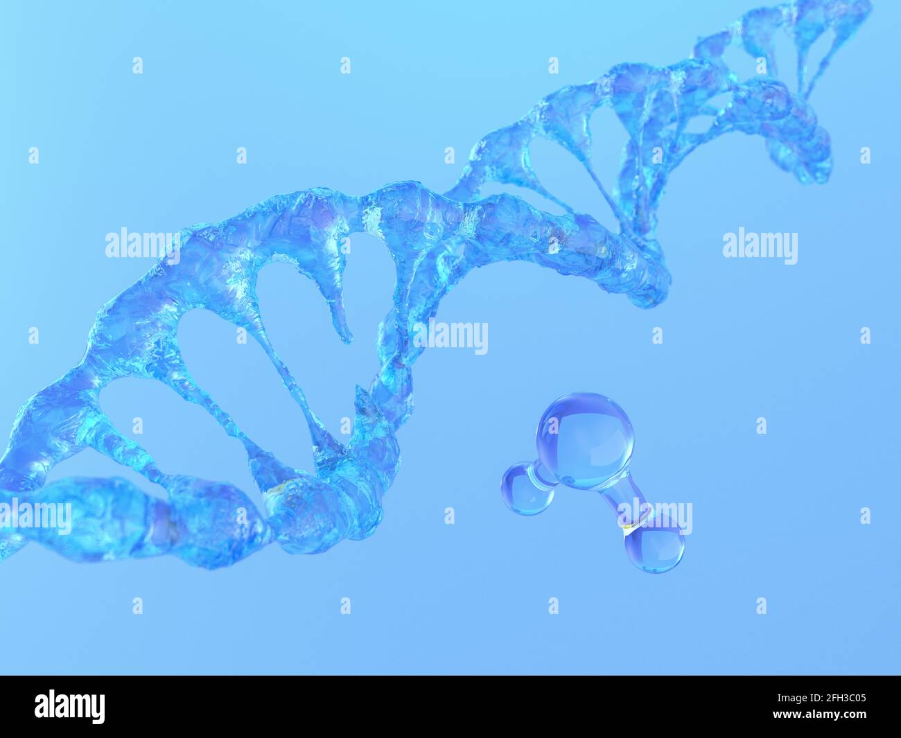 Wissenschaftlicher Hintergrund mit DNA-Molekülen aus Wasser. 3D-Rendering Stockfoto