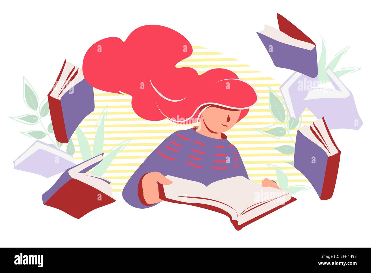 Frau las Bücher Vektor flache Illustration. Studentin, die isoliert auf weißem Hintergrund studiert. Person Buch Liebhaber und Forscher. Konzept von Stock Vektor