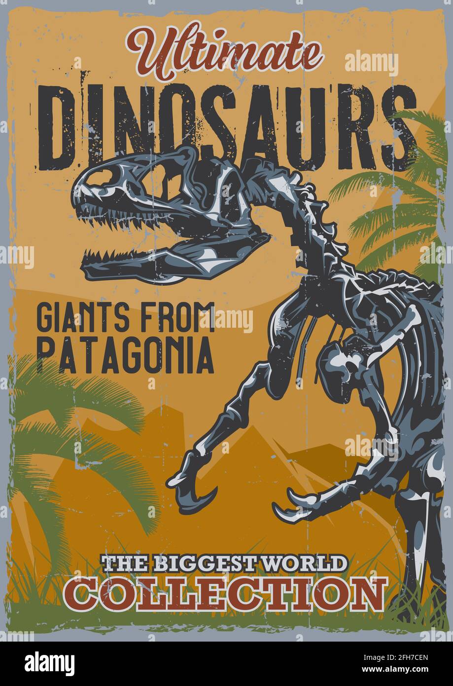 Dinosaurier Thema Vintage Poster Design mit Illustration von gealterten Dinosaurier Knochen Stock Vektor