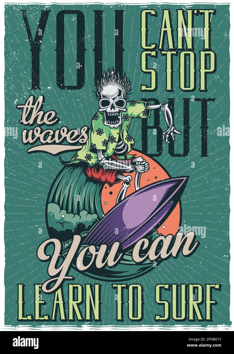 T-Shirt oder Poster Design mit Darstellung von Skelett auf Surfen Platine Stock Vektor