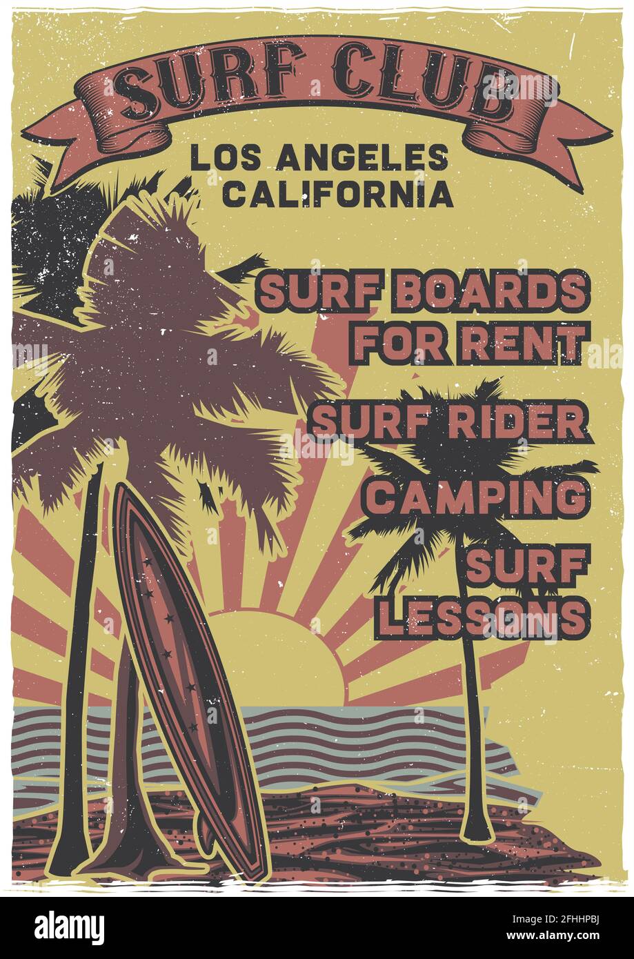 T-Shirt oder Poster-Label-Design mit Darstellung des Surfbretts Stehen am Strand mit Palmen und Sonnenuntergang am Hintergrund Stock Vektor