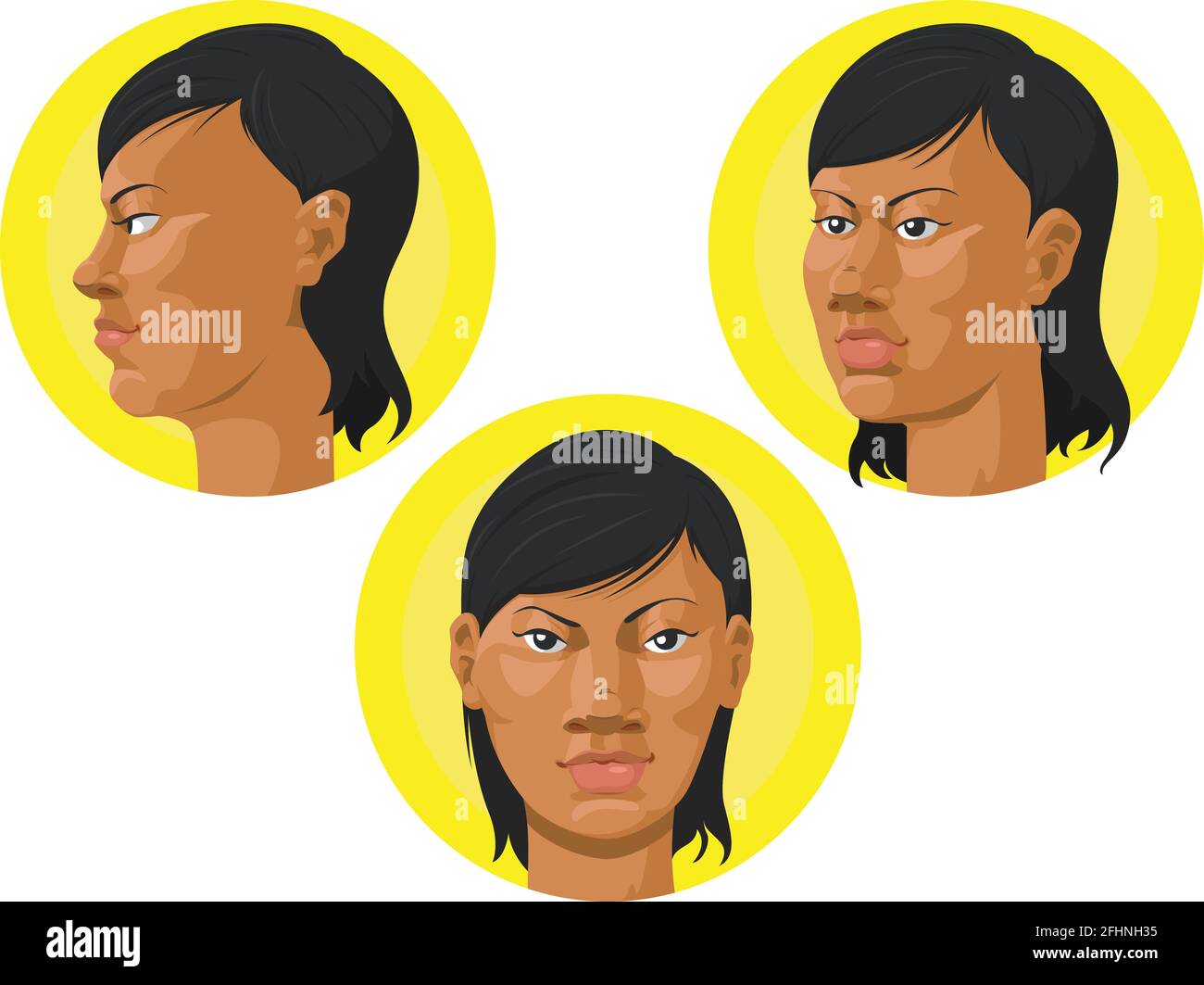 Afroamerikanische Frau Kopf Vorderprofilansicht Cartoon Vektorzeichnung Stock Vektor
