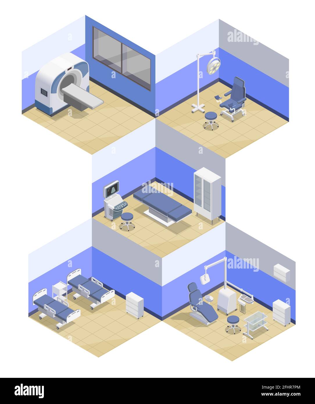 Isometrische Zusammensetzungen für medizinische Geräte mit Innenansichten des Krankenhauses Die Zimmer sind mit professionellen therapeutischen Geräten ausgestattet Stock Vektor