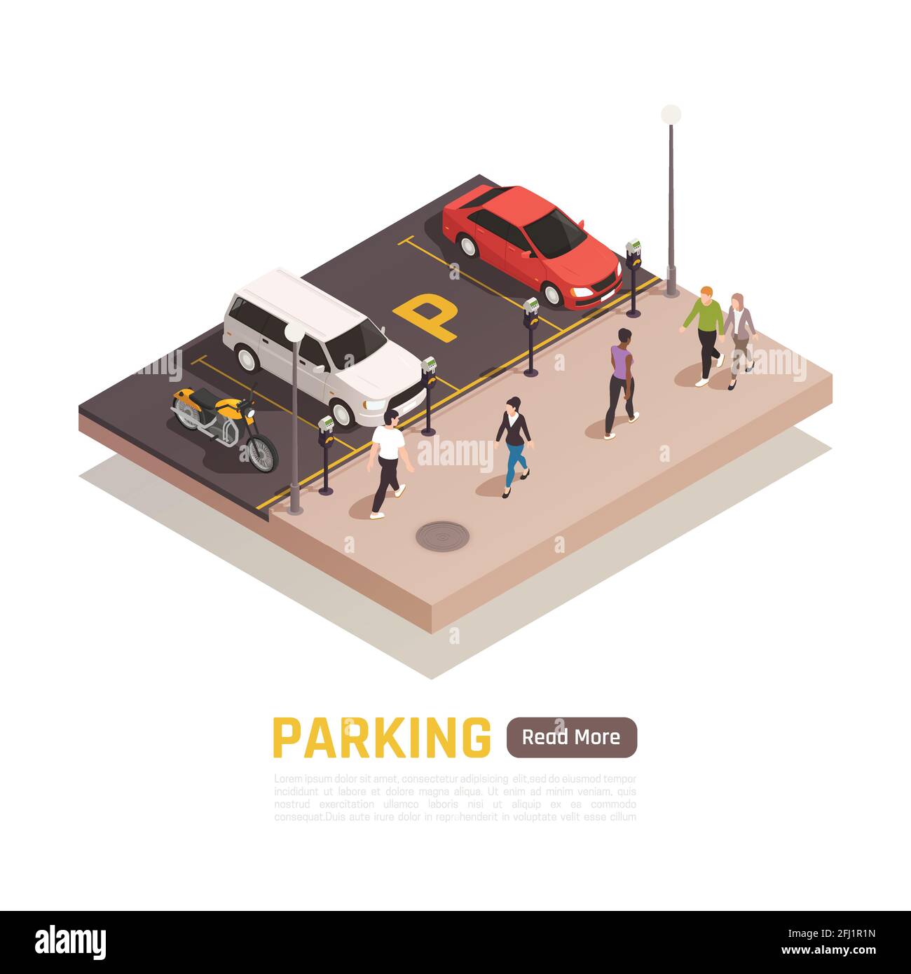 Senkrechtes Parken entlang Gehweg isometrische Web-Seite Zusammensetzung mit geparkt Autos Motorrad vorbei Fußgänger Vektor-Illustration Stock Vektor