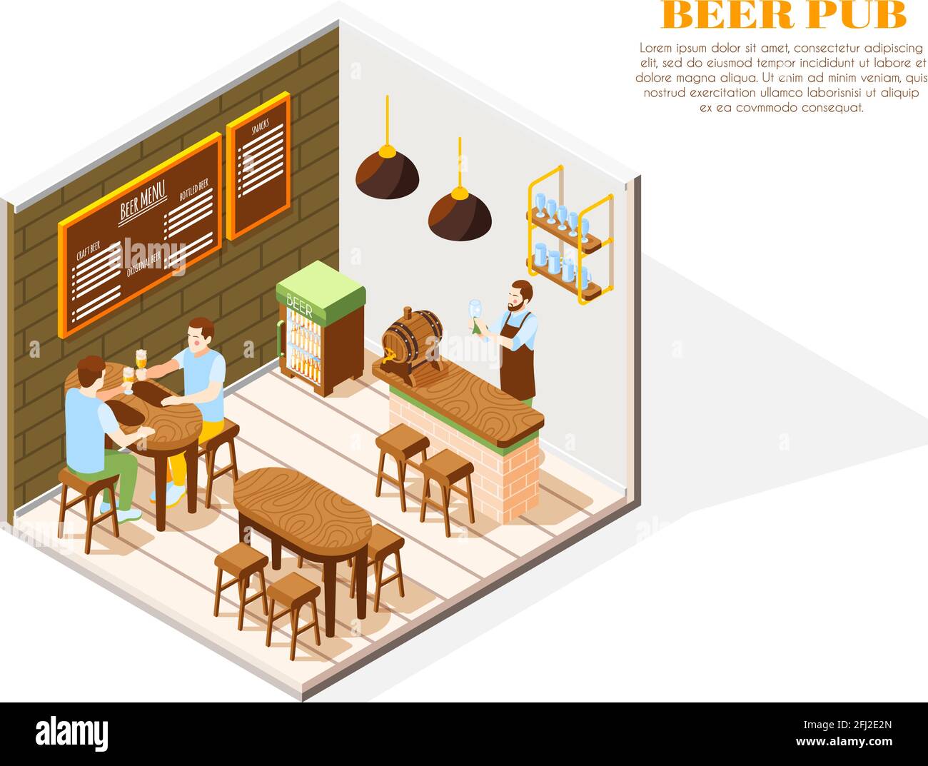 Bierkneipe mit isometrischer Komposition und Barkeeper-Menü aus Glas Vektorgrafik für Kunden mit Kühlergehäuse aus Eichenholz Stock Vektor