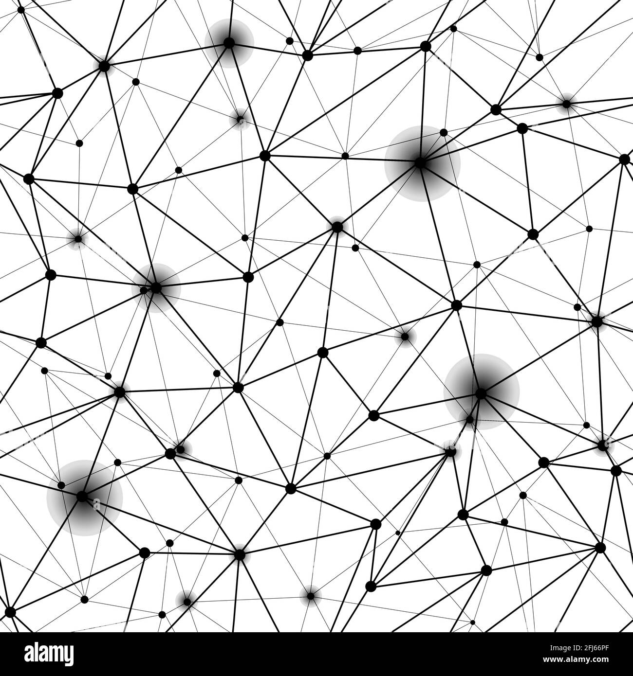 Schwarzes, polygonales Netzraster mit nahtlosem Muster. Dreieckslinien und Kreise verbundene Struktur für Wissenschaft, Technologie, Neural, Cyber, Formel, Netto Stock Vektor