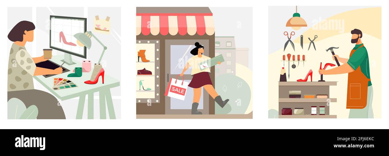 Schuhe Konzept 3 flache Kompositionen mit Frauen Schuhdesignerin glücklich Kunde verlässt Werkstatt Handwerker Reparatur Vektor Illustration Stock Vektor