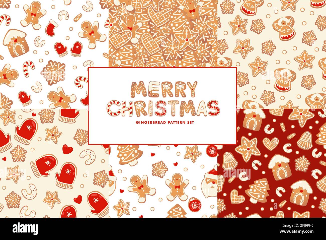 Weihnachten Lebkuchen Vektor nahtlose Muster gesetzt. Winter-Figuren im Cartoon-Stil. Hintergrund des Feiertagsdesigns. skandinavischer Stil im neuen Jahr. Stock Vektor
