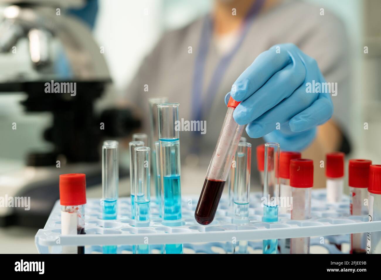 Nahaufnahme eines nicht erkennbaren Laborarbeiters in sterilen Handschuhen, die den Test durchführen Röhrchen in das Rack eingießen, während die Blutprobe im Labor untersucht wird Stockfoto