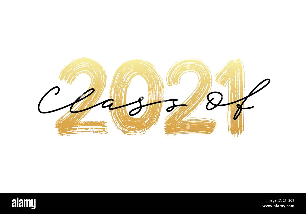Klasse 2021. Moderne Kalligraphie. Handgezeichnetes Bürstenlogo. Jahrbuch „Design für Absolventen“. Vektorgrafik. Stock Vektor