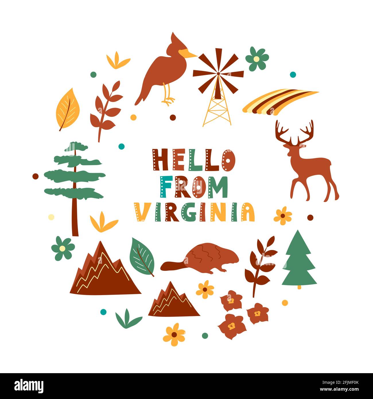 USA Kollektion. Hallo aus Virginia Thema. Zustandssymbole Stock Vektor
