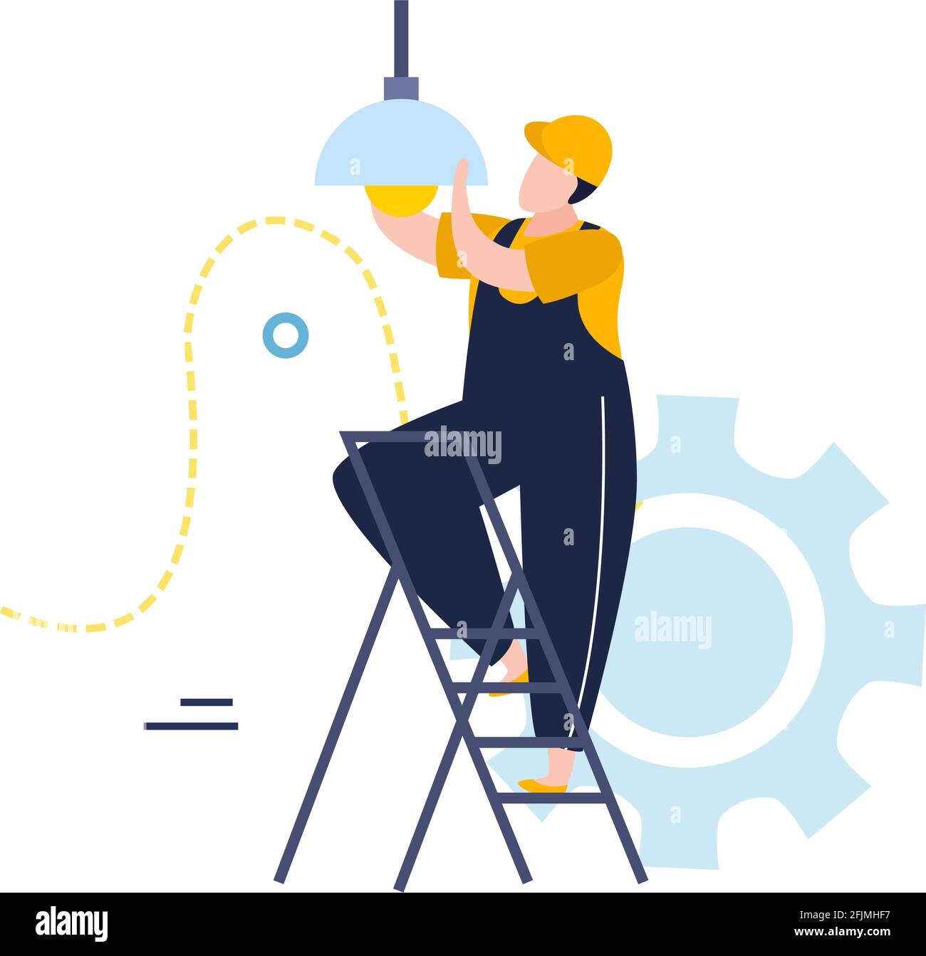 Elektrizität und Beleuchtung flache Ikonen Komposition mit Charakter des Elektrikers Vektorgrafik Glühlampe wechseln Stock Vektor