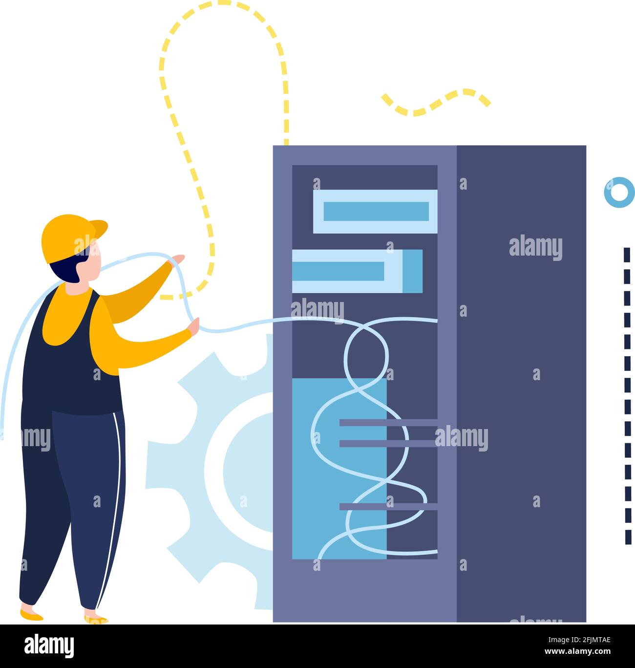 Elektrizität und Beleuchtung flache Ikonen Komposition mit Charakter des Elektrikers Mit Drähten und Vektorgrafik des Schaltschranks Stock Vektor