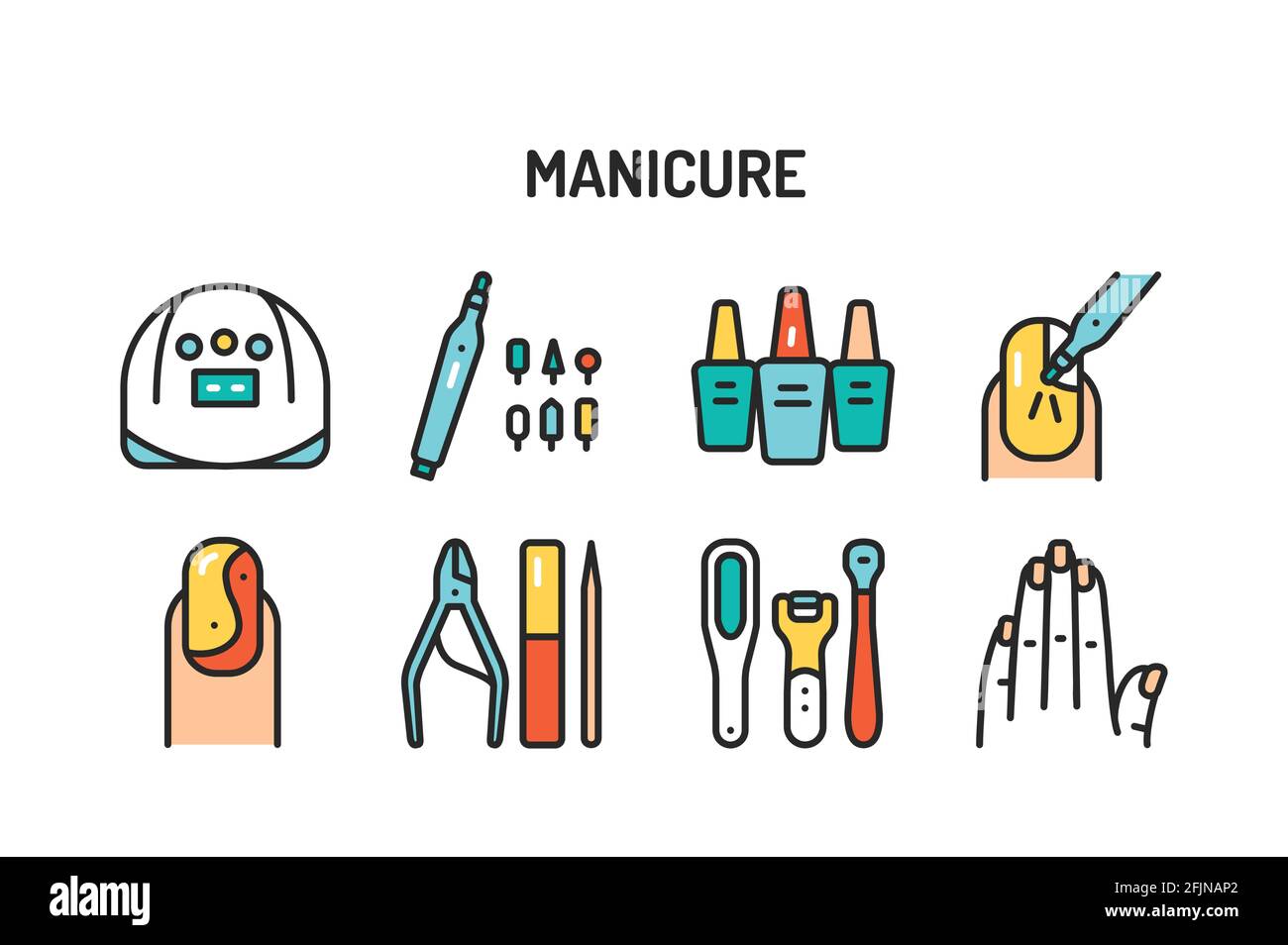 Farbsymbole für Maniküre und Pediküre festgelegt. Isoliertes Vektorelement. Skizzieren Sie Piktogramme für Webseite, mobile App, Werbung. Stock Vektor