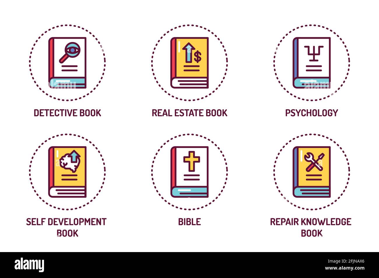 Genres der Bücher Farblinien-Symbole eingestellt. Vektorgrafik. Stock Vektor
