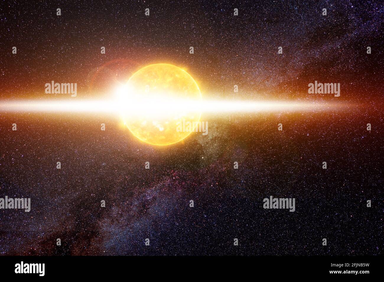 Helle Sonne gegen dunklen Sternenhimmel und Milchstraße im Sonnensystem, Elemente dieses Bildes, die von der NASA eingerichtet wurden Stockfoto