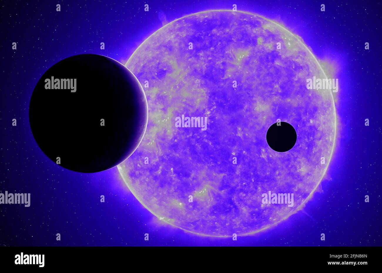 Zwei Exoplaneten gegen die purpurne Sonne, Elemente dieses Bildes, die von der NASA eingerichtet wurden Stockfoto