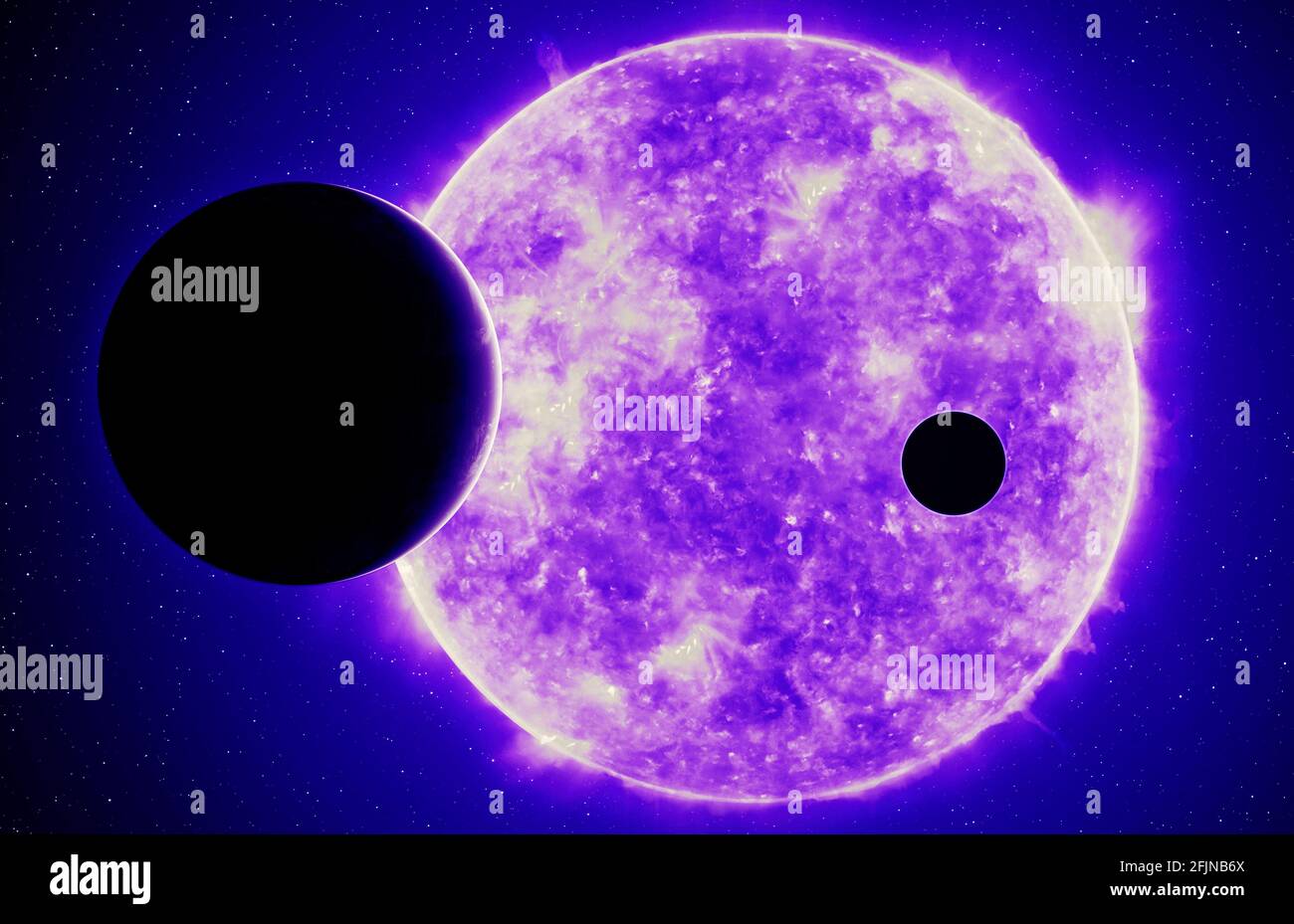 Zwei Exoplaneten gegen ultravioletten Stern, Elemente dieses Bildes, die von der NASA eingerichtet wurden Stockfoto