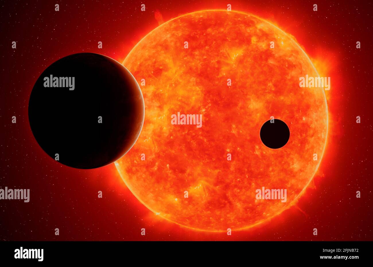 Zwei Exoplaneten gegen den Roten Zwerg, Elemente dieses Bildes, die von der NASA eingerichtet wurden Stockfoto