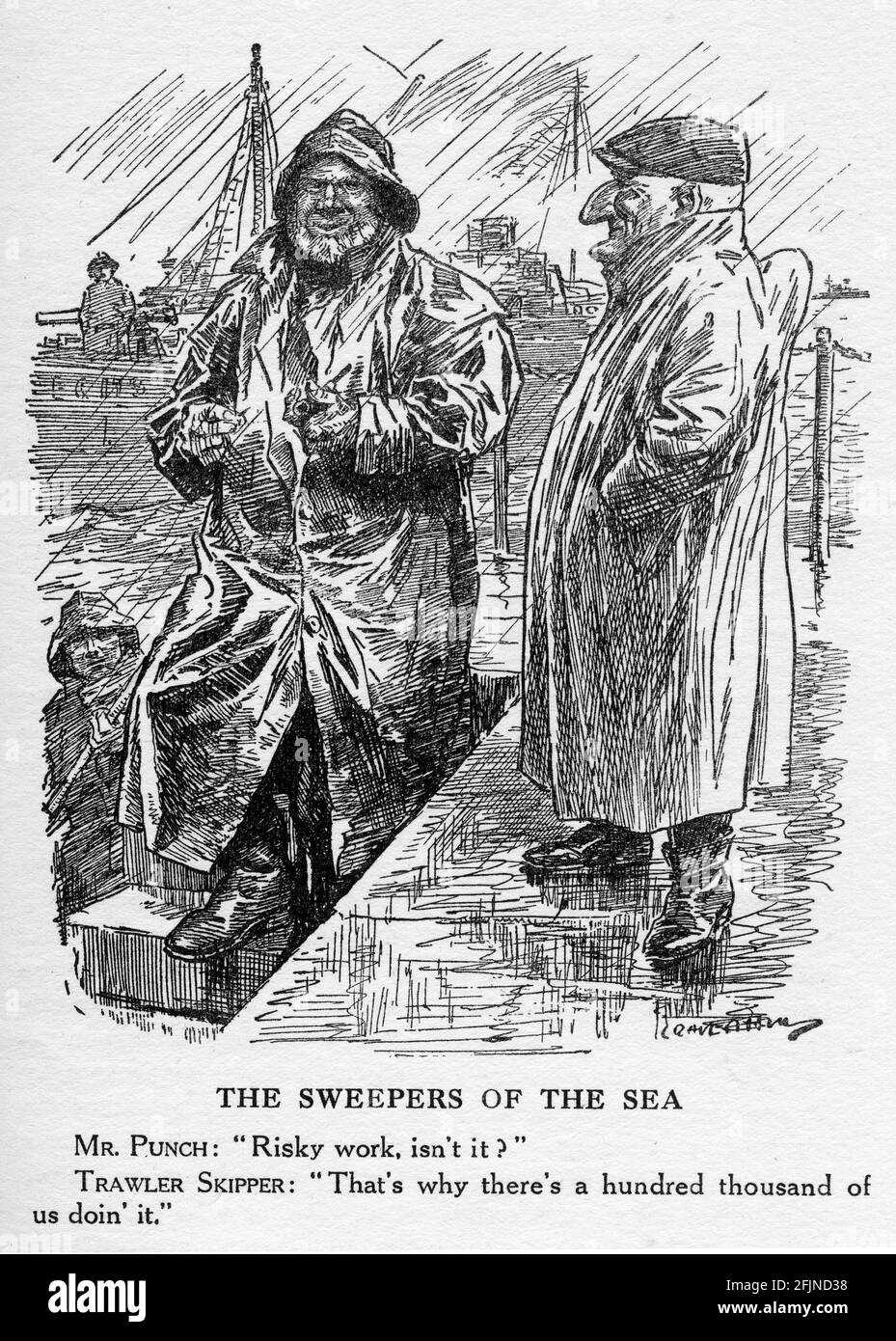 Gravur eines Trawler-Skippers, der erklärt, wie bereit er ist, während des Ersten Weltkriegs nach Minen zu fegen. Aus dem Magazin Punch. Stockfoto
