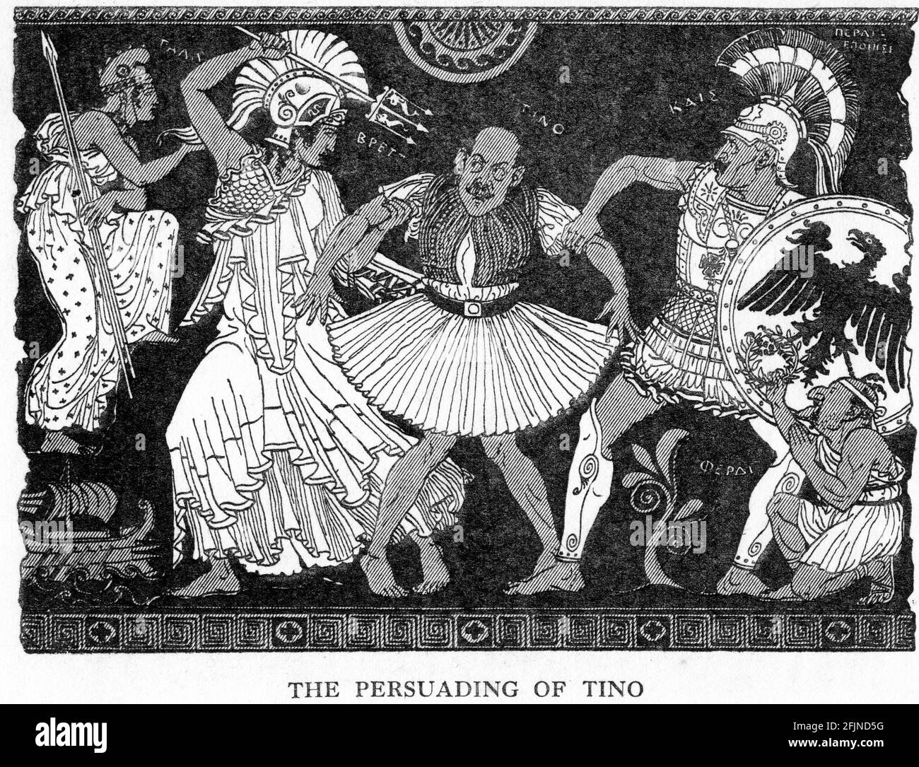 Gravur nach einer klassischen griechischen Szene, die die Nationen Europas bei der Vorbereitung auf den Ersten Weltkrieg zeigt. Aus dem Magazin Punch. Stockfoto