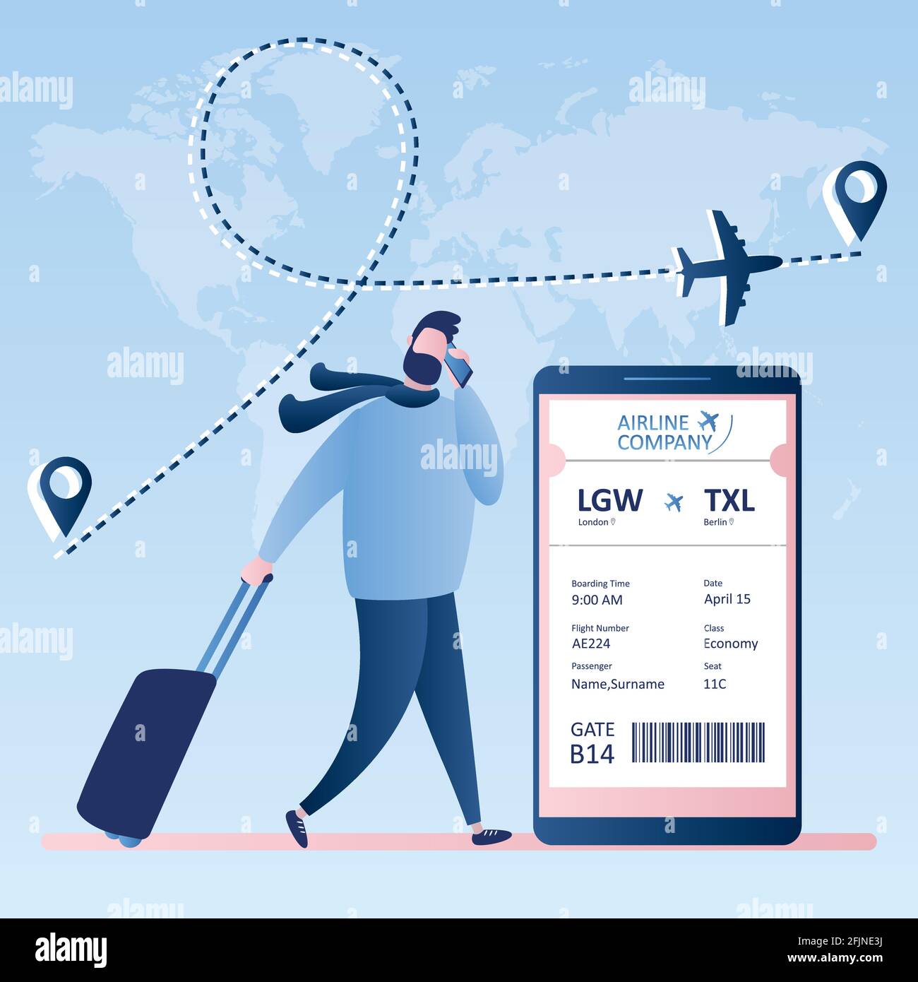 Männlicher Hipster-Reisender mit Koffer und Smartphone, Online-Check-in, Bordkarte der Fluggesellschaft Ticket mit Barcode auf Handy-Bildschirm, Vector illus Stock Vektor