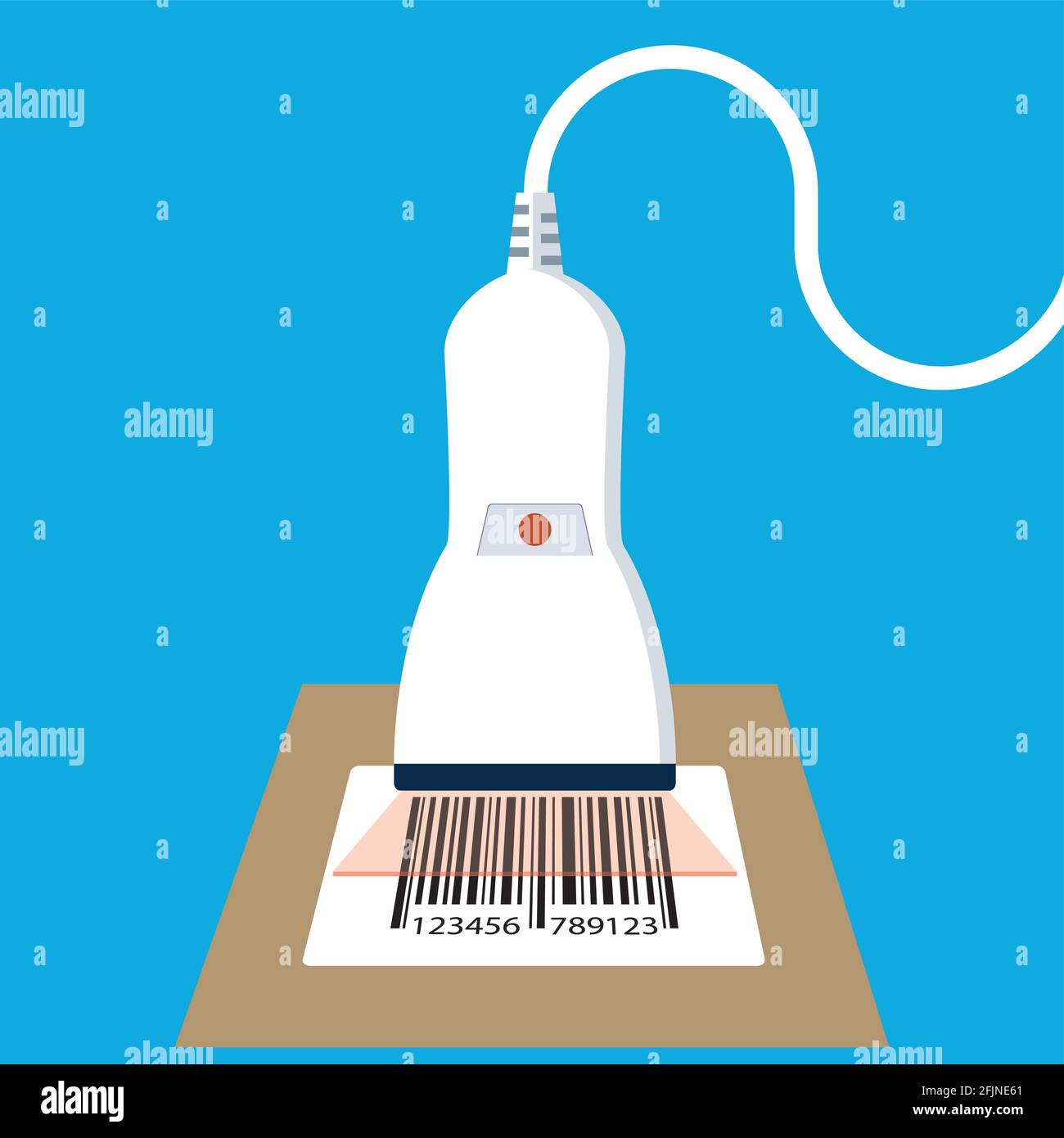 Weißer Barcodescanner, isoliert auf blauem Hintergrund, flache Vektorgrafik. Stock Vektor