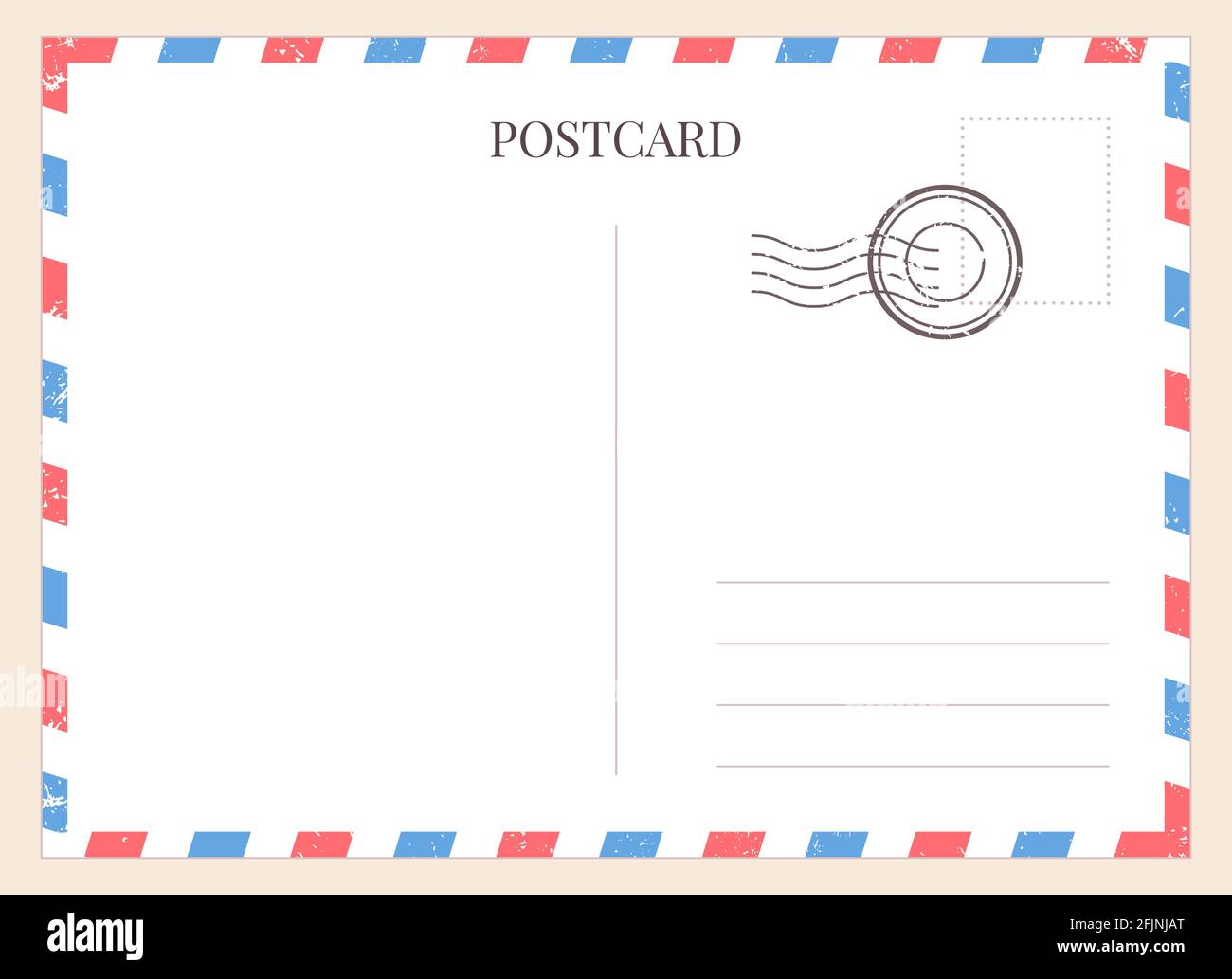Postkartenvorlage. Papier unbeschriftet Postkartenrückseite mit Stempel und gestreiftem Rahmen. Leerer alter weißer Brief für Nachrichtenvektor-Mockup Stock Vektor