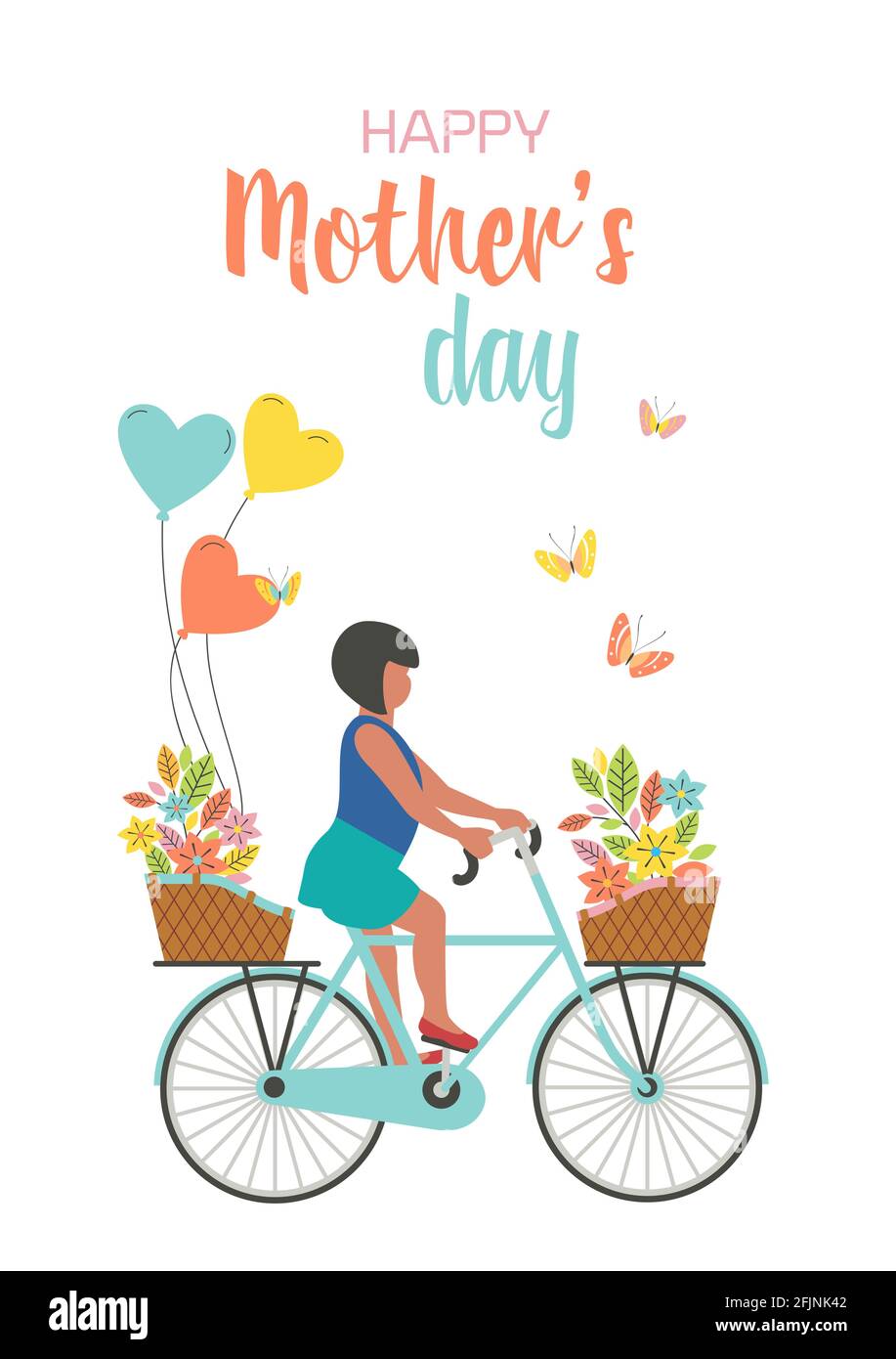 Glückliches Mädchen Fahrrad mit Blumenbouqet reiten, Ballons Geschenke an die Mutter Stock Vektor