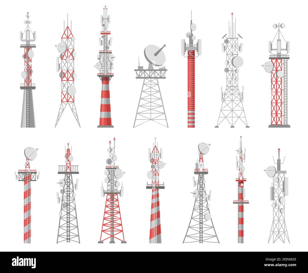 Wireless-Tower. Telekommunikations-Netzwerk-Tower. Mobile und Funk-Airwave-Verbindungssysteme. Vektorset für Satellitenantennen für Kommunikation Stock Vektor