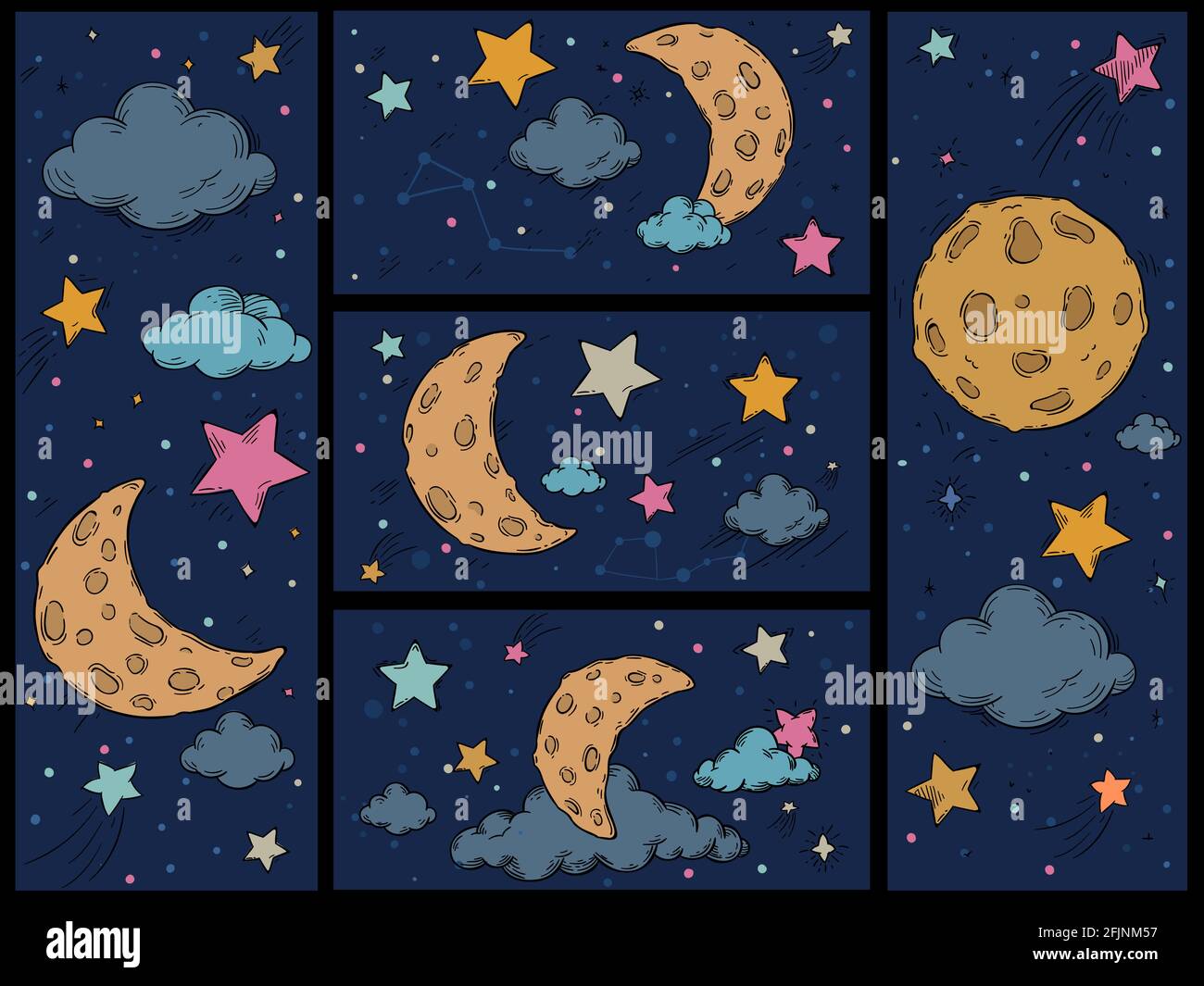 Cartoon-Nachthimmel. Handgezeichneter Druck mit Sternen, Mond und Wolken. Kindisches Raummuster für den Schlaf mit Sternengalaxie, Vektorhintergründe gesetzt Stock Vektor