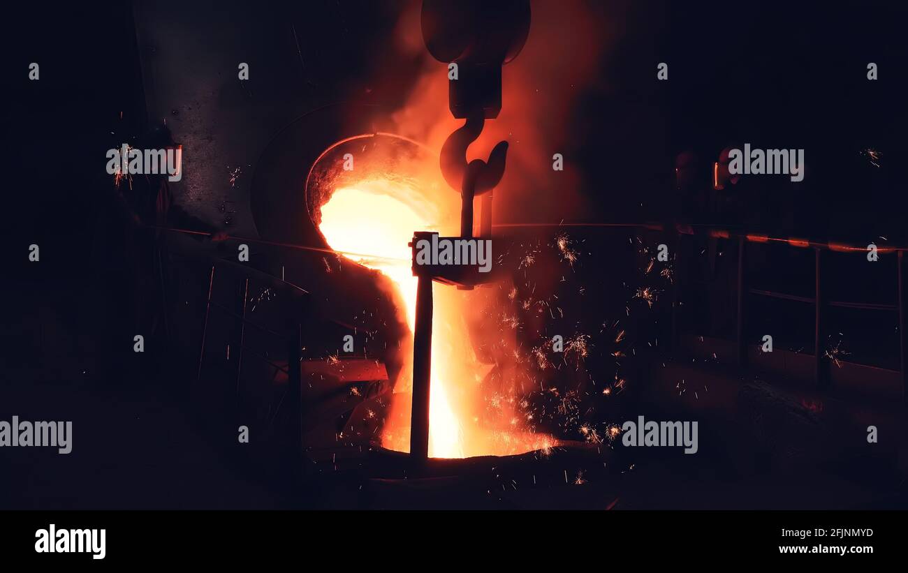 Hochofen Gießerei metallurgische Fabrik mit flüssigem Eisen Gießen in Behälter, Guss-Prozess. Stahlwerk Eisenschmelzverfahren mit hellen Funken und Rauch. Stockfoto