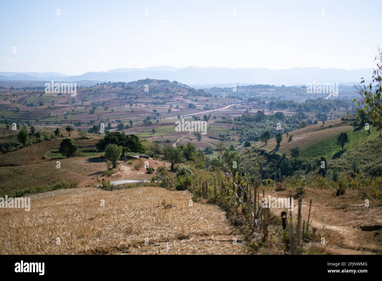 Wunderschöne Farmlandschaften und Felder durch sanfte Hügel während der Wanderung von Kalaw zum Inle Lake, Shan State, Myanmar Stockfoto