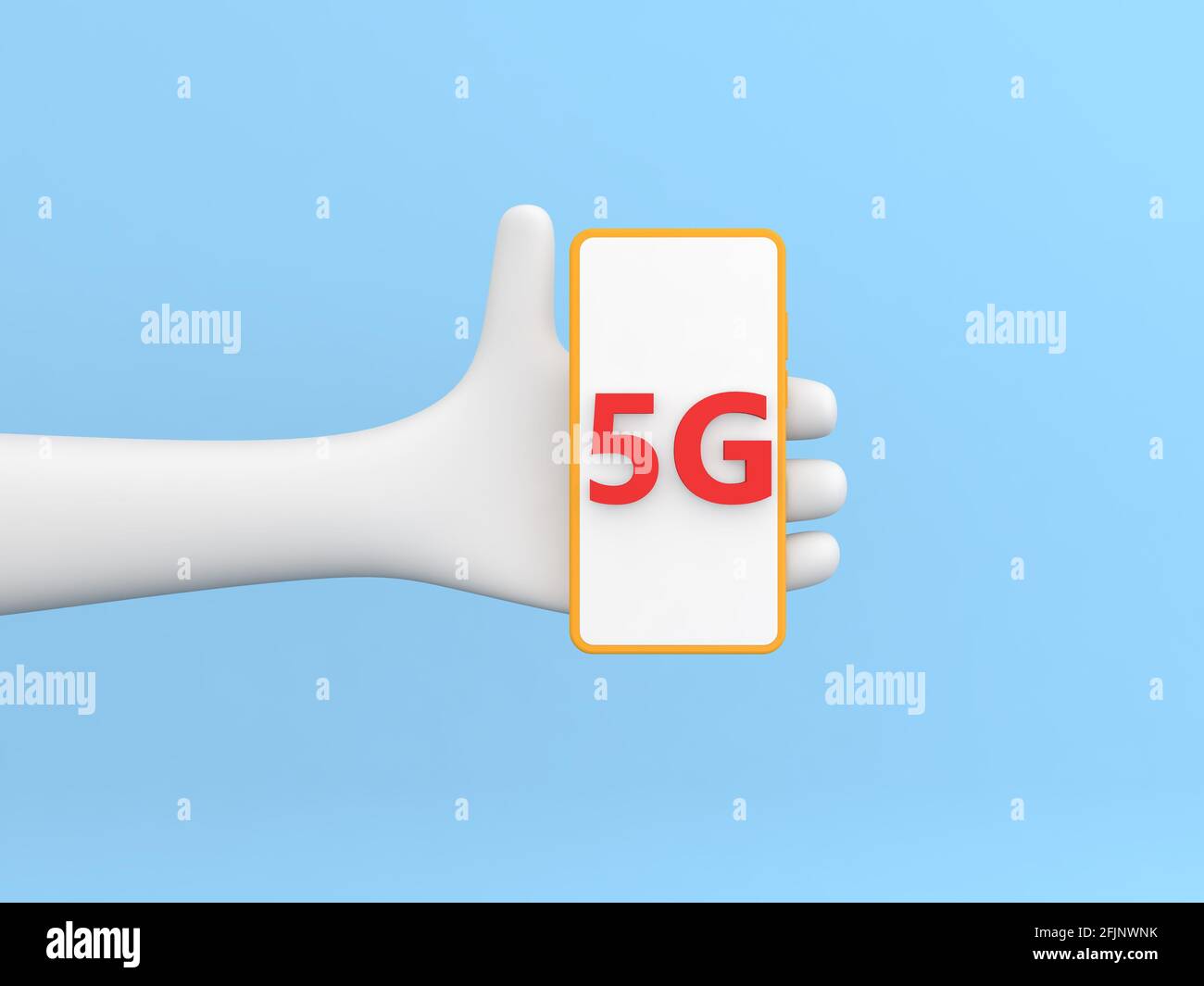 Hand hält 5G Smartphone auf blauem Hintergrund. 3d-Renderdarstellung. Stockfoto