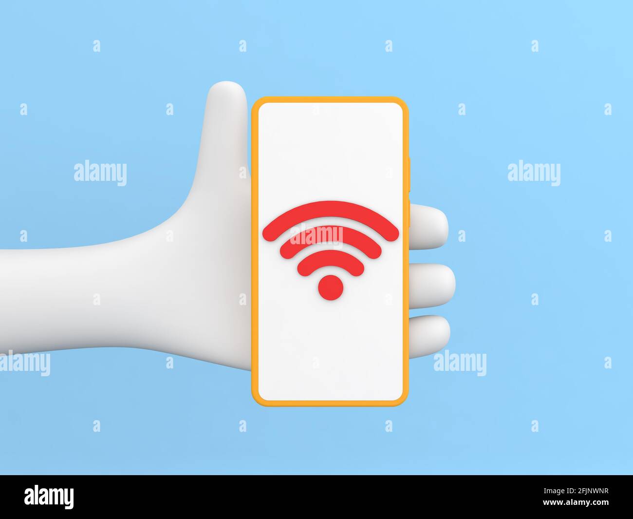 Die Hand hält ein Smartphone mit wi-Fi auf blauem Hintergrund. 3d-Renderdarstellung. Stockfoto
