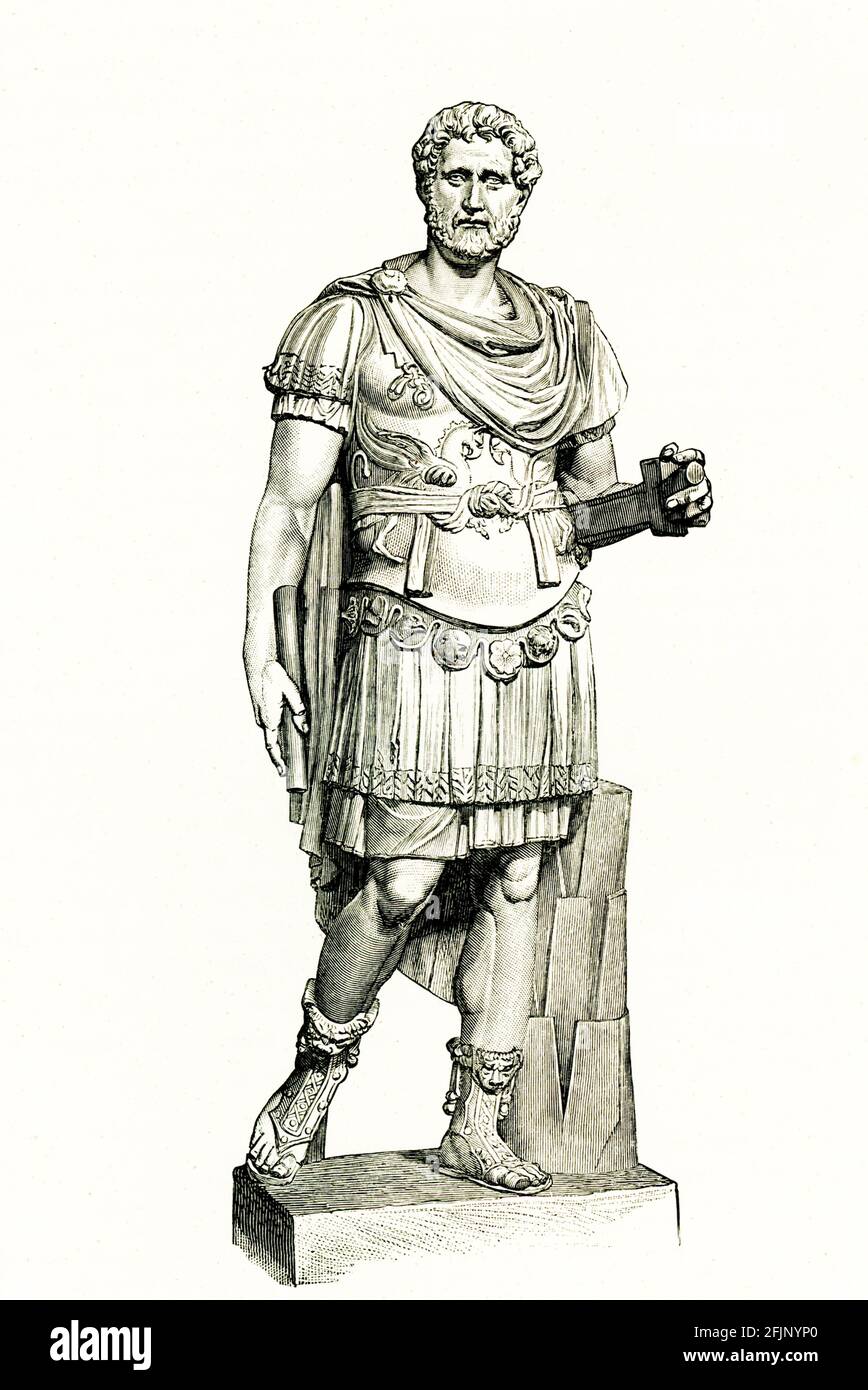Antoninus Pius aus der Villa Hadriani in Tivoli - jetzt im Chiaramonti Museum in den Vatikanischen Museen untergebracht. Antoninus Pius war von 138 bis 161 römischer Kaiser. Er war einer der fünf guten Kaiser der Nerva-Antonine Dynastie. Geboren in einer senatorialen Familie, bekleidete Antoninus während der Herrschaft von Kaiser Hadrian verschiedene Ämter, der ihn kurz vor seinem Tod als seinen Sohn und Nachfolger adoptierte. Stockfoto